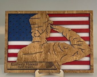 Army Military Soldier Saluting American Flag Plaque Sign