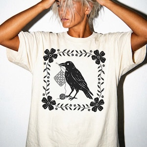 Raven Crochet Graphic Tee, Granny Square Folk Art Bird Shirt