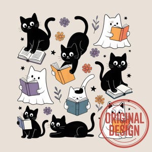 Halloween Cats Reading PNG: Spooky Black Cat Clipart (Digital Download)