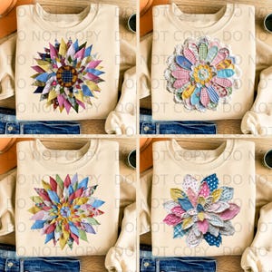 May include: Four cream-coloured sweatshirts, each adorned with a unique patchwork flower design. The flowers feature petals in diverse patterns and colours, including blue, pink, yellow, and green. The sweatshirts are displayed against a neutral backdrop, showcasing the floral designs.