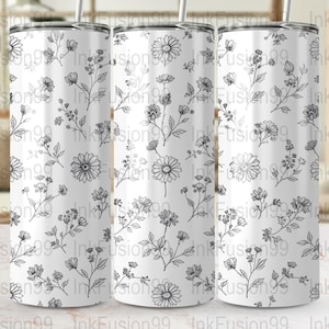 Black and White Wild Flowers Tumbler Wrap Seamless Sublimation Design 20oz Skinny Tumbler Straight/Tapered PNG File Digital Download