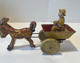 Tin Litho Windup Donkey and Cart by Marx