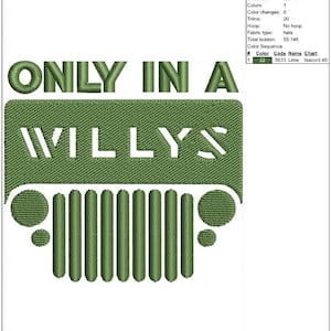 May include: Green embroidered design with the text "ONLY IN A WILLYS" and a stylized front grill. The design is 2.50 inches high and 2.69 inches wide. The design is for hats.
