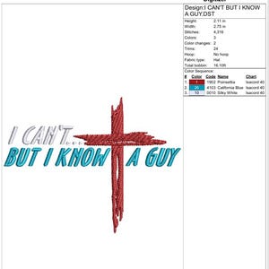 Puede incluir: Un diseño bordado con el texto "I CAN'T... BUT I KNOW A GUY" en blanco y azul, acompañado de una cruz roja. El diseño mide 7 cm de ancho y 5.3 cm de alto, con 4.316 puntadas.