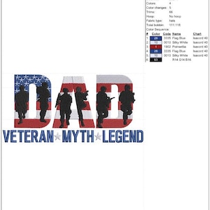 May include: An embroidery design with the word "DAD" and soldier silhouettes, plus the words "VETERAN MYTH LEGEND". The letters of "DAD" are red, white, and blue. The design is 6.15 cm high and 12.67 cm wide.