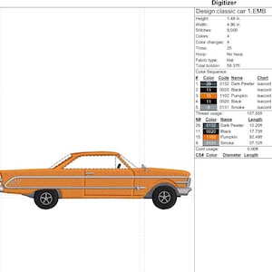 May include: An embroidery design of a classic car in profile view, rendered in orange with dark pewter and black detailing. The technical specifications are listed on the right, including a height of 1.48 inches and a width of 4.96 inches.