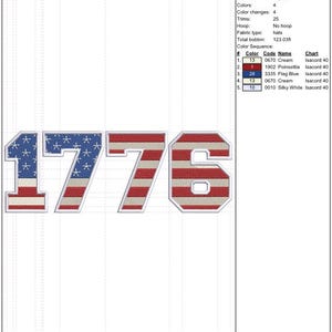 May include: Digitized embroidery design of the number "1776" with a patriotic theme. The design features the American flag's stars and stripes, with a height of 1.98 inches and a width of 5.50 inches. The design includes 23,939 stitches and 4 colors.