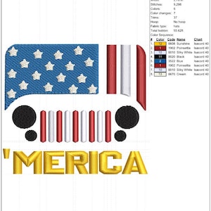 Könnte beinhalten: Gesticktes Design mit einem stilisierten Jeep mit amerikanischem Flaggenmotiv und dem Wort "'MERICA" in Gold. Das Design umfasst blaue, weiße und rote Elemente, geeignet für Hüte oder andere Stoffartikel. Das Design ist 6,35 cm hoch und 7,06 cm breit.