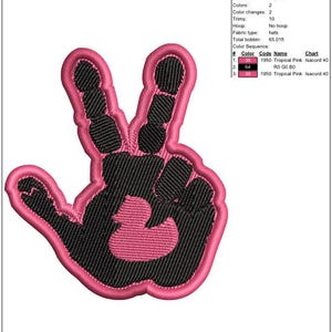 May include: An embroidered patch showing a hand in a peace sign. The hand is black with a pink outline and a pink duck in the center. The design is 6.35 cm high and 5.54 cm wide.