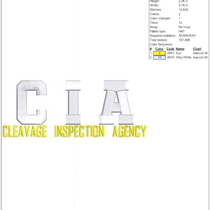 May include: Design worksheet for an embroidery project. The design features the letters "CIA" in a 3D style, with the words "CLEAVAGE INSPECTION AGENCY" below. The design is 2.26 inches high and 5.76 inches wide.