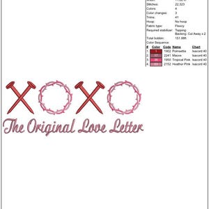 May include: Design worksheet with the text "XOXO The Original Love Letter". The design includes two red nail-shaped crosses and two pink heart-shaped wreaths. The design is 4.38 inches high and 11 inches wide.
