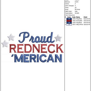 Może przedstawiać: Arkusz roboczy projektu haftu z napisem "Proud Redneck 'Merican" w kolorze niebieskim i czerwonym, z białymi gwiazdkami. Projekt ma 6,22 cm wysokości i 12,75 cm szerokości, z 8819 ściegami i 3 kolorami.