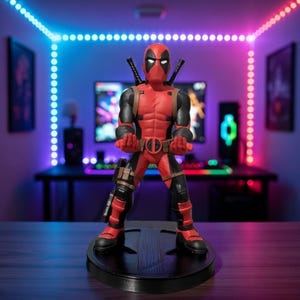 Könnte beinhalten: Eine Deadpool-Figur in dynamischer Pose, mit rotem und schwarzem Kostüm, Werkzeuggürtel und Katana-Schwertern. Die Figur steht auf einem schwarzen Sockel. Der Hintergrund zeigt ein Gaming-Setup mit farbigen LED-Leuchten.