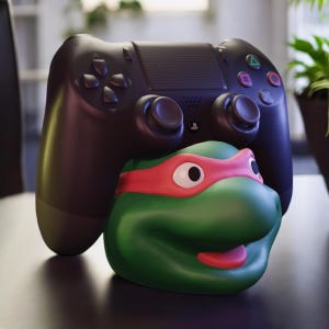 Puede incluir: Un mando de PlayStation negro se encuentra sobre un soporte con un personaje de las Tortugas Ninja. El soporte es verde con una bandana roja y ojos blancos.