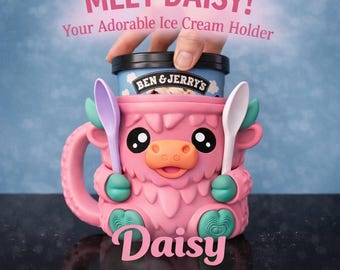 Daisy the Pink Highland Cow Ice Cream Pint Holder – Cute Ice Cream Holder Mug with Spoon Storage, Kawaii Kitchen Gift