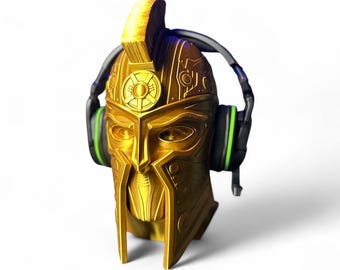 3D Printed Cyber Spartan Gold Helmet Headset Stand - Gaming Decor