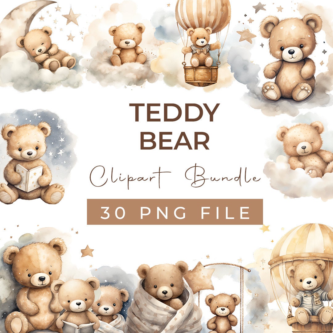 Watercolor Teddy Bear Clipart Bundle Baby Shower for a Boy Commercial ...