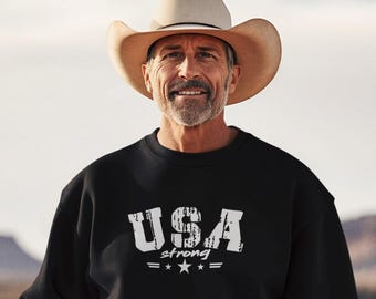 USA Strong with Star Printed on Sweatshirt Long Sleeve Soft Fleece Crewneck Sweatshirt Unisex USA Strong Sweatshirt in variety of colors