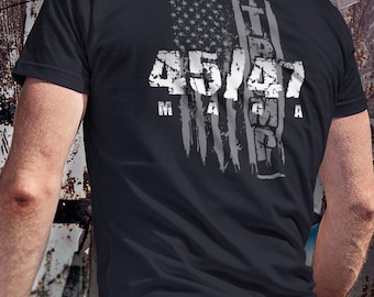 Trump MAGA 45 47 US Flag T Shirt Printed Front and Back Cotton Poly T-Shirt Unisex Trump 45/47 MAGA American Flag Tee Trump Maga 45-47 Flag