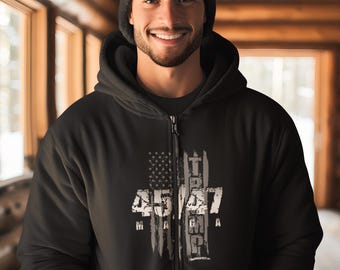 Trump 45 47 MAGA US Flag Full Zipper Hooded Sweatshirt Printed Front and Back - Trump Zip Hoodie Trump 45/47 MAGA American Flag Zip Hoodie