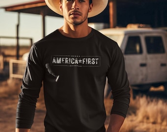 AMERICA FIRST Never Surrender US Flag Long Sleeve Tee Printed Front and Back Unisex America First long sleeve T-Shirt Trump America First