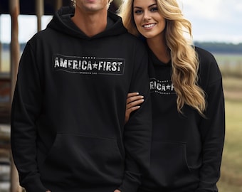 America First Hooded Sweatshirt US Flag Never Surrender Unisex Heavy Blend™ Printed Front and Back America First US Flag Pullover Hoodie