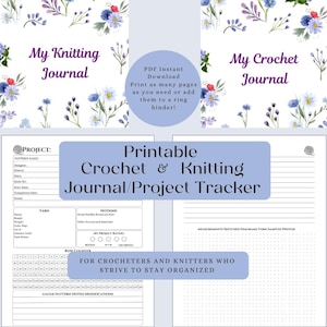 以下が含まれることがあります： フローラルデザインの、印刷可能なかぎ針編みと編み物のジャーナル。ジャーナルには、プロジェクトトラッカー、行カウンター、メモ用のスペースが含まれています。ジャーナルのテキストは「My Knitting Journal」、「My Crochet Journal」、および「Printable Crochet & Knitting Journal/Project Tracker」です。