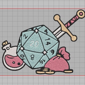 Op de afbeelding: Een geborduurde patch met een blauwe 20-zijdige dobbelsteen, een gouden zwaard, een roze zak met gouden munten en een roze drankfles.