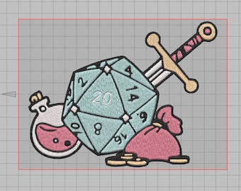 May include: An embroidered patch featuring a blue 20-sided die, a gold sword, a pink pouch with gold coins, and a pink potion bottle.