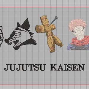 May include: Embroidered design featuring characters and symbols from Jujutsu Kaisen. Includes a hand gesture, a wolf-like creature, a straw doll with a nail, and a character with pink hair. The text "JUJUTSU KAISEN" is below the images.