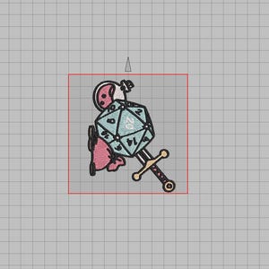 May include: A blue and white 20-sided die with a pink and white sword and a pink and white shield. The die is surrounded by a white border.