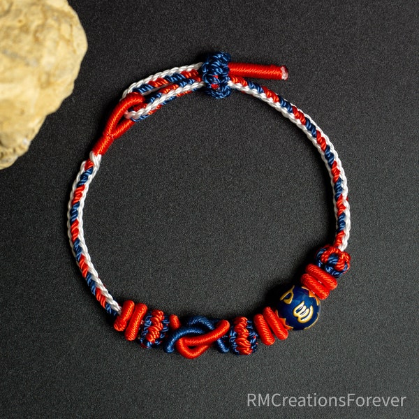 Nautical Chinese braided bracelet Maritime inspired handwoven accessory Om Mani Padme Hum Mantra bead Blue red lucky jewelry Lunar New Year
