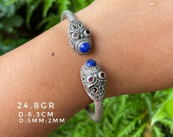 Silver Owl Cuff Bracelet with Lapis Lazuli & Garnet - Balinese 925 Sterling Silver Handmade Jewelry