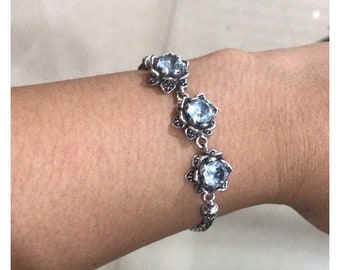 Custom Elegant Women's Bali 925 Silver Chain Bracelet with Dragon Bone Lotus, Natural Amethyst, Blue Topaz, Moonstone