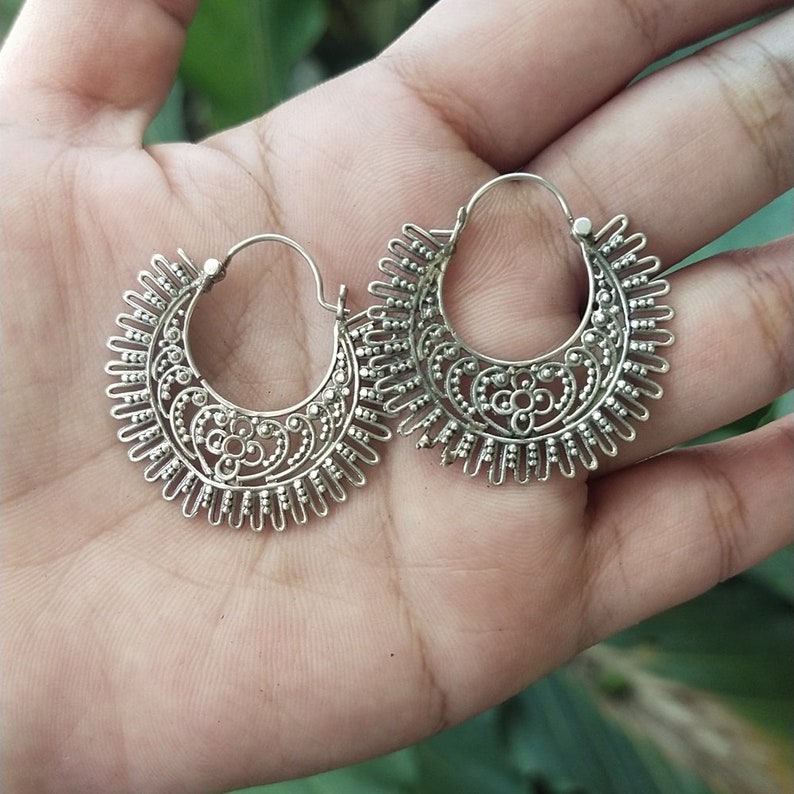 Round Balinese Silver Sun Motif Wide Wire Unique Genuine 925 Elegant Women's Earrings zdjęcie 5