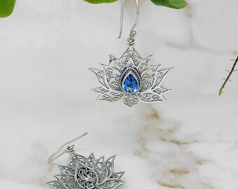 Custom Elegant Women's 925 Bali Silver Lotus Hook Earrings with Natural Gemstone