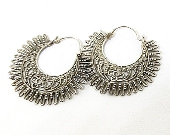 Round Balinese Silver Sun Motif Wide Wire Unique Genuine 925 Elegant Women's Earrings