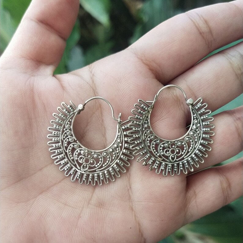 Round Balinese Silver Sun Motif Wide Wire Unique Genuine 925 Elegant Women's Earrings zdjęcie 2