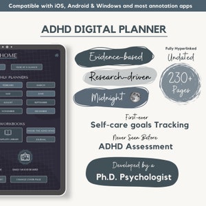 Puede incluir: Un planificador digital para personas con TDAH. El planificador está basado en evidencia, impulsado por la investigación e incluye el seguimiento de objetivos de autocuidado. Tiene más de 230 páginas y está completamente hipervinculado y sin fecha. El planificador fue desarrollado por un psicólogo con doctorado.