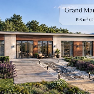 May include: A single-story modern house with a flat roof, featuring a facade of light stone and horizontal wood paneling, large glass doors, and a paved walkway. A sign reads Grand Mansion Plan 198 m2 (2,131 sq. ft.) in the upper right corner.