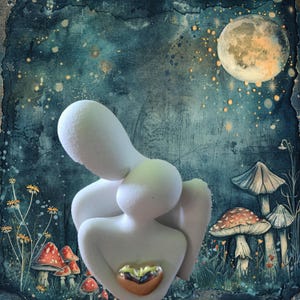 May include: A smooth white abstract sculpture of two figures embracing, featuring a small, polished gold-coloured heart at the centre. The figures have rounded, featureless heads and bodies, creating a unified, minimalist form with a glossy finish.