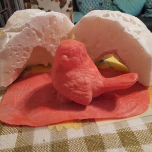 Op de afbeelding: Een rood vogeltje dat op een rode mat zit, met twee witte piepschuimvormen erachter.