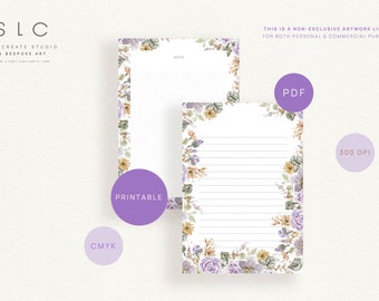 Púrpura Floral Digital & Papelería Imprimible Bloc de Notas / A4, Carta / Forrado, Papel de Escritura de Cartas Punteadas, Bloc de Notas, Invitaciones de Boda