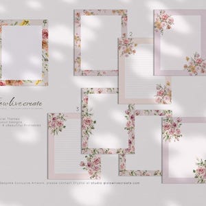 May include: A collection of eight printable stationery sheets featuring floral borders and accents in shades of pink, yellow, and green. Some sheets are lined, while others have blank centers. Text includes "slow live create" and "8 Floral Themes".
