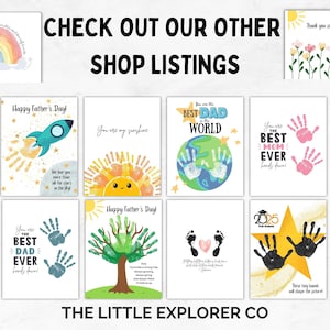 Puede incluir: Una colecci&oacute;n de tarjetas de felicitaci&oacute;n con varios dise&ntilde;os, incluyendo un arco&iacute;ris, un cohete, un sol, huellas de manos y una escena de pesca. Las tarjetas presentan textos como "Happy Father's Day" y "You are my sunshine."