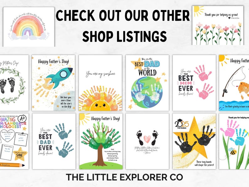 Puede incluir: Una colecci&oacute;n de tarjetas de felicitaci&oacute;n con varios dise&ntilde;os, incluyendo un arco&iacute;ris, un cohete, un sol, huellas de manos y una escena de pesca. Las tarjetas presentan textos como "Happy Father's Day" y "You are my sunshine."