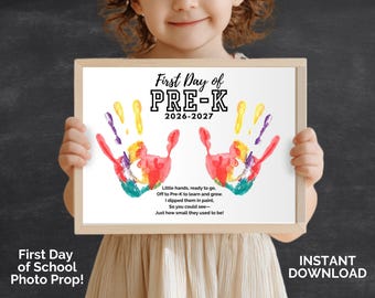 First Day of Preschool Handprint, Pre-K Handprint Activity, 2026-2027 Preschool Keepsake, First Day of School Handprint Poem Printable