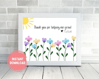 Flower Fingerprint Art Printable, Thank you for helping me grow craft, Gift for Mom, Grandparent, Caregiver or Teacher (Digital Download)