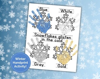Colors of Winter Worksheet, Snowflake Handprint / Coloring Learning Activity, Printable Winter Craft for kids, Preschool & Kindergarten