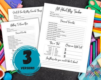 Teacher Favorite Things List, All About My Teacher Survey, Getting to know you Questionnaire, PTA Teacher Appreciation Survey for Gifts